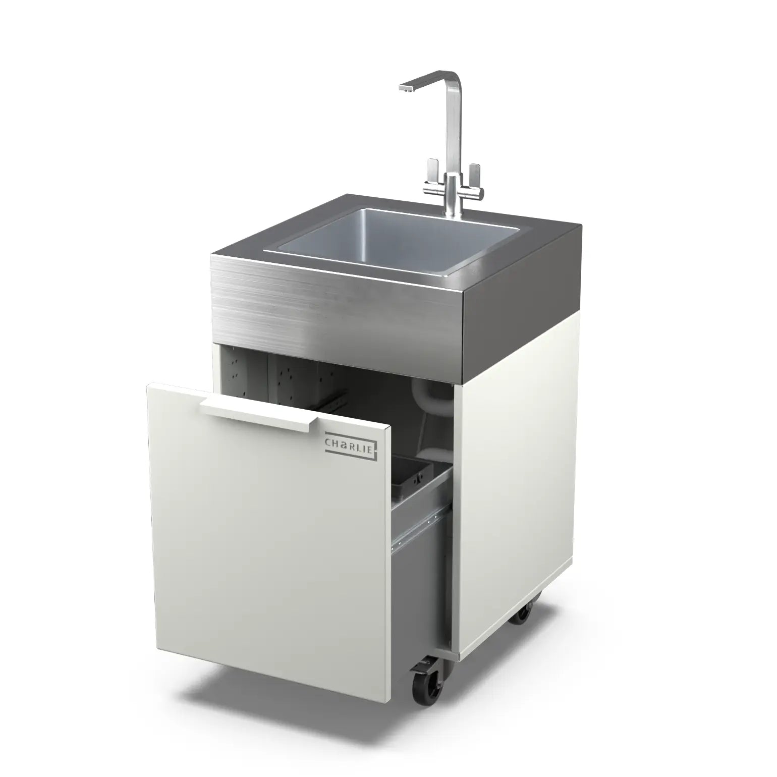 Truffle brown plumbed sink cabinet with bin, doors open