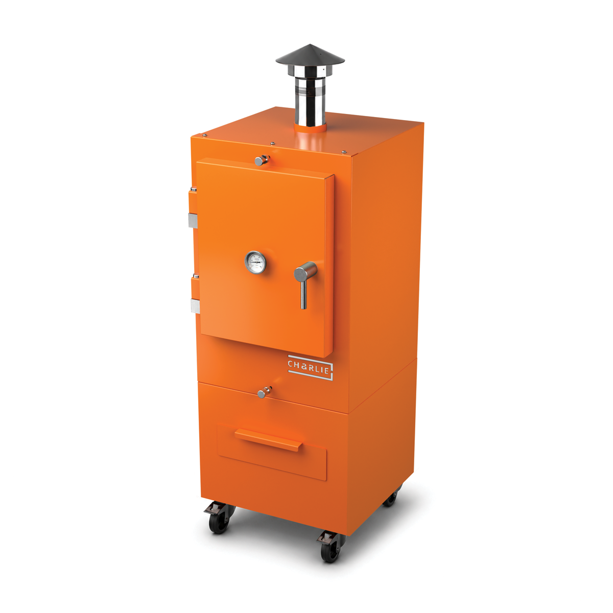 Charlie Charcoal Oven in saffron yellow, angled view with the door closed