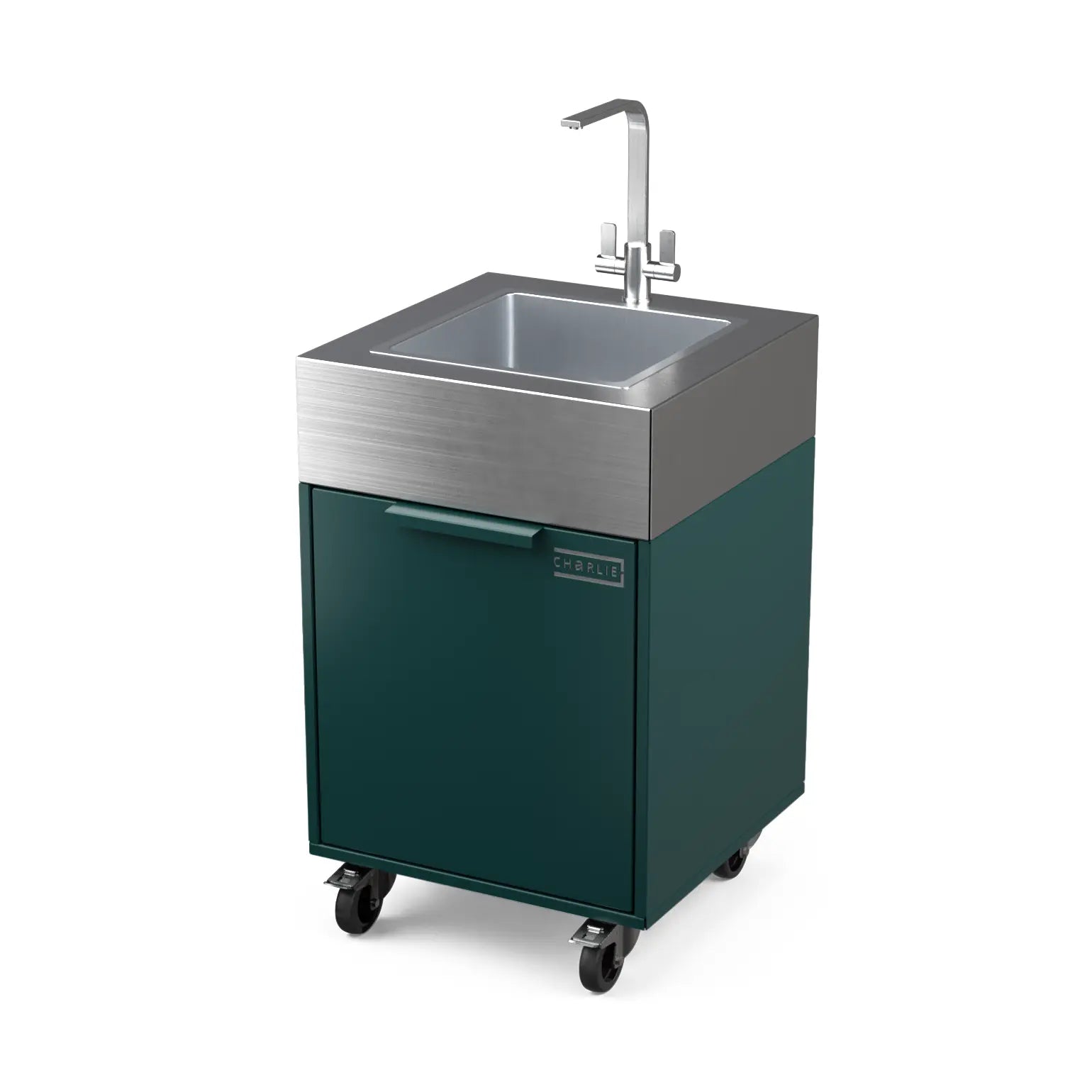 Plumbed sink cabinet in Agave green, angled view