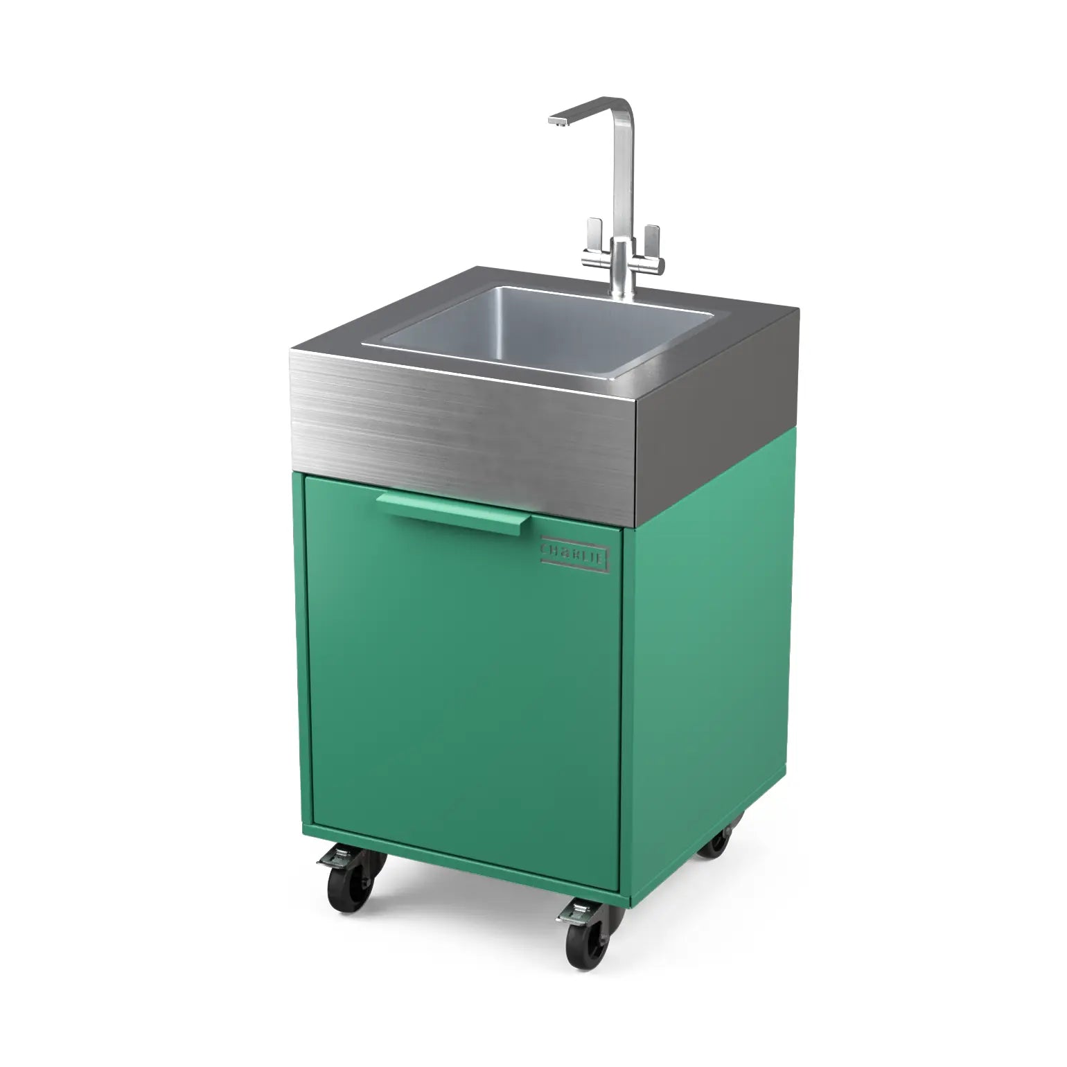 Plumbed sink cabinet in Oregano green, angled view