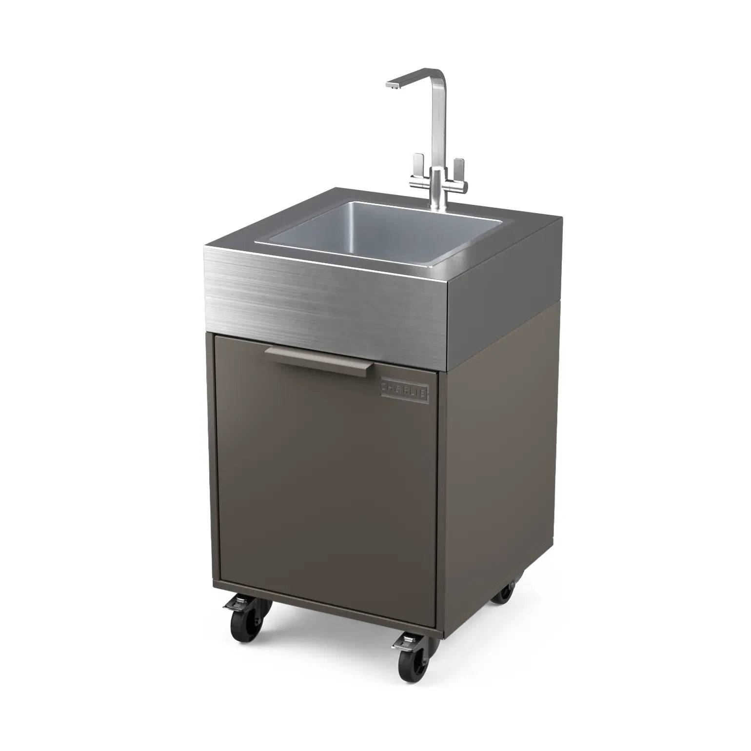 Plumbed sink cabinet in Porcini beige, angled view