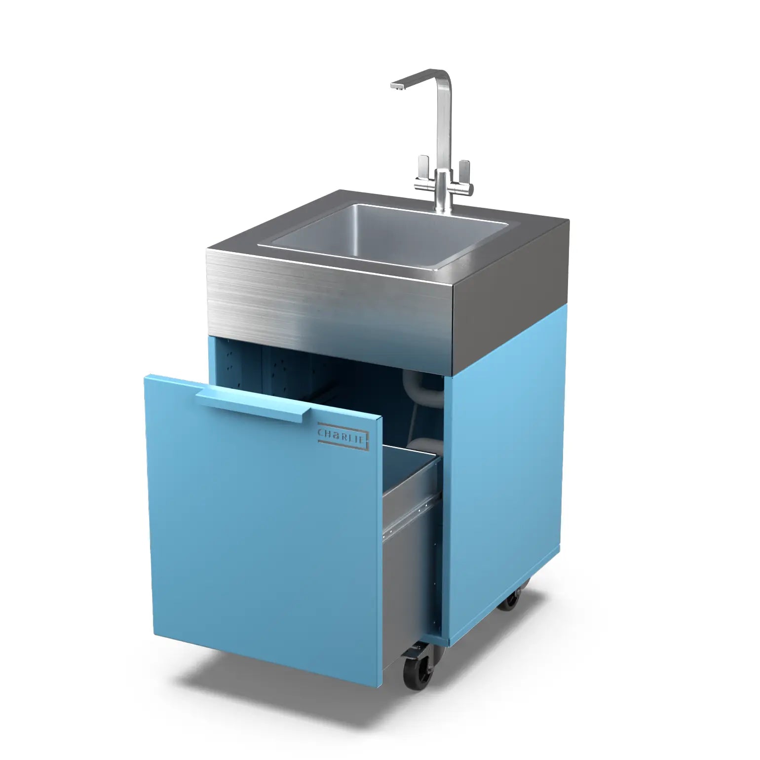 Blue Marlin plumbed sink cabinet with the door open