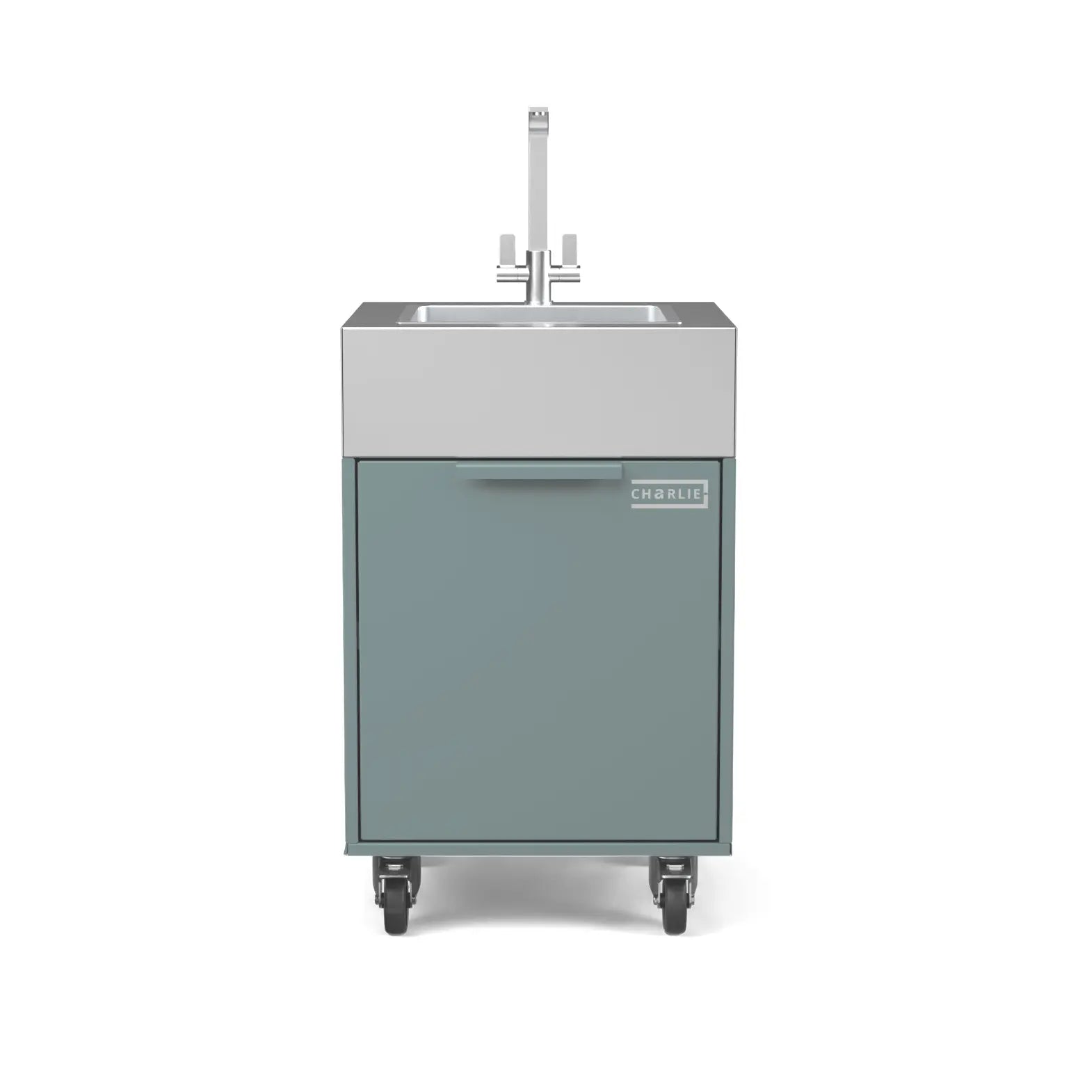 Plumbed sink cabinet in Agave green, straight front view