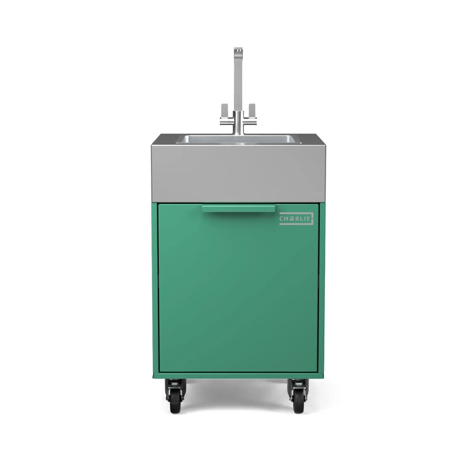 Plumbed sink cabinet in Oregano green, straight front view
