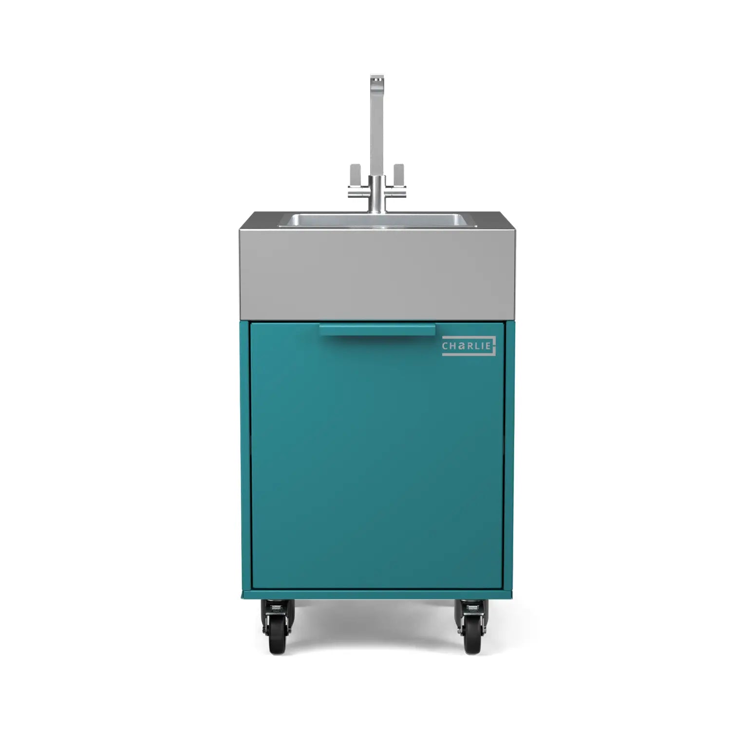 Plumbed sink cabinet in Teal Duck blue-green, straight front view
