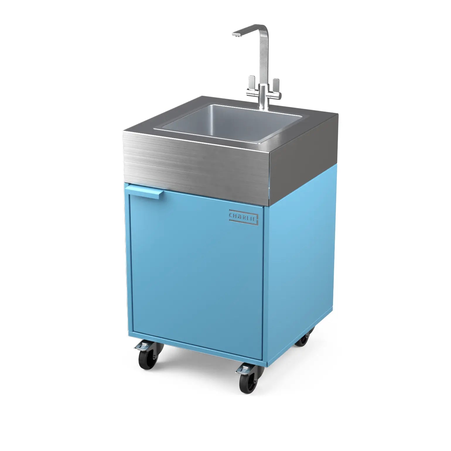 Sink Cabinet Tank in blue marlin, angled three-quarter view of the outdoor kitchen unit