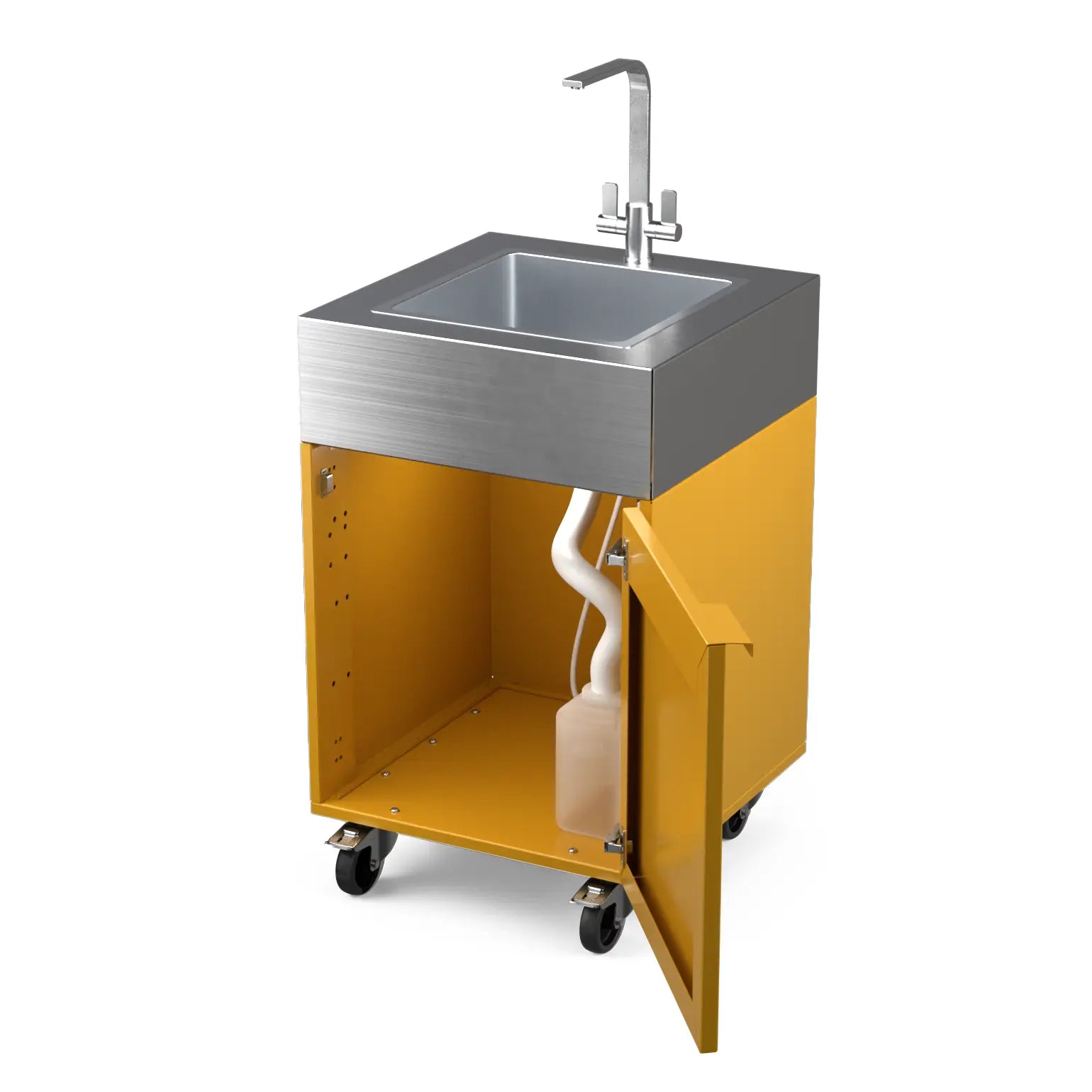 Sink Cabinet Tank in honeycomb yellow with cabinet doors open showing storage
