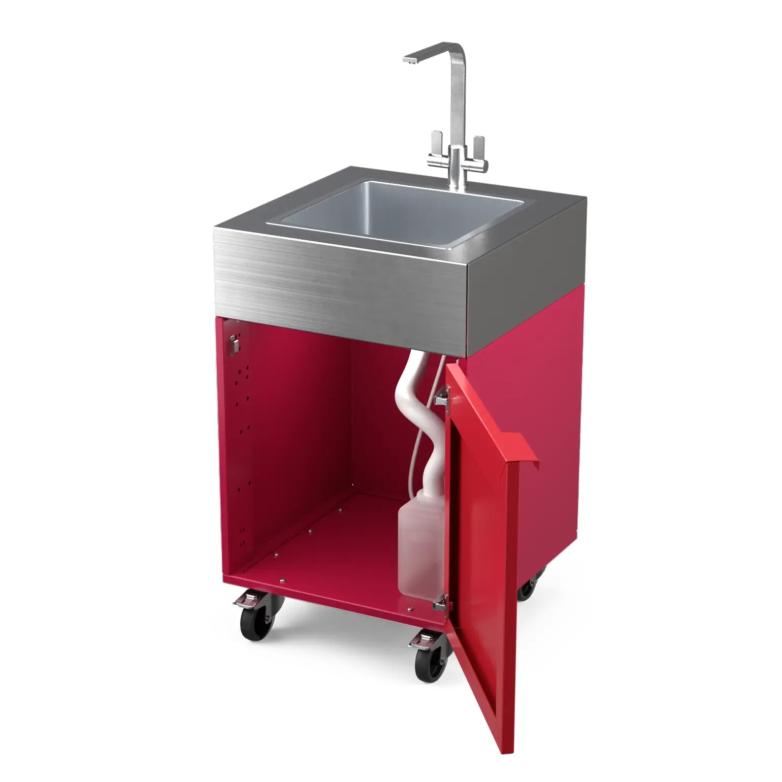Sink Cabinet Tank in rhubarb pink with cabinet doors open showing storage