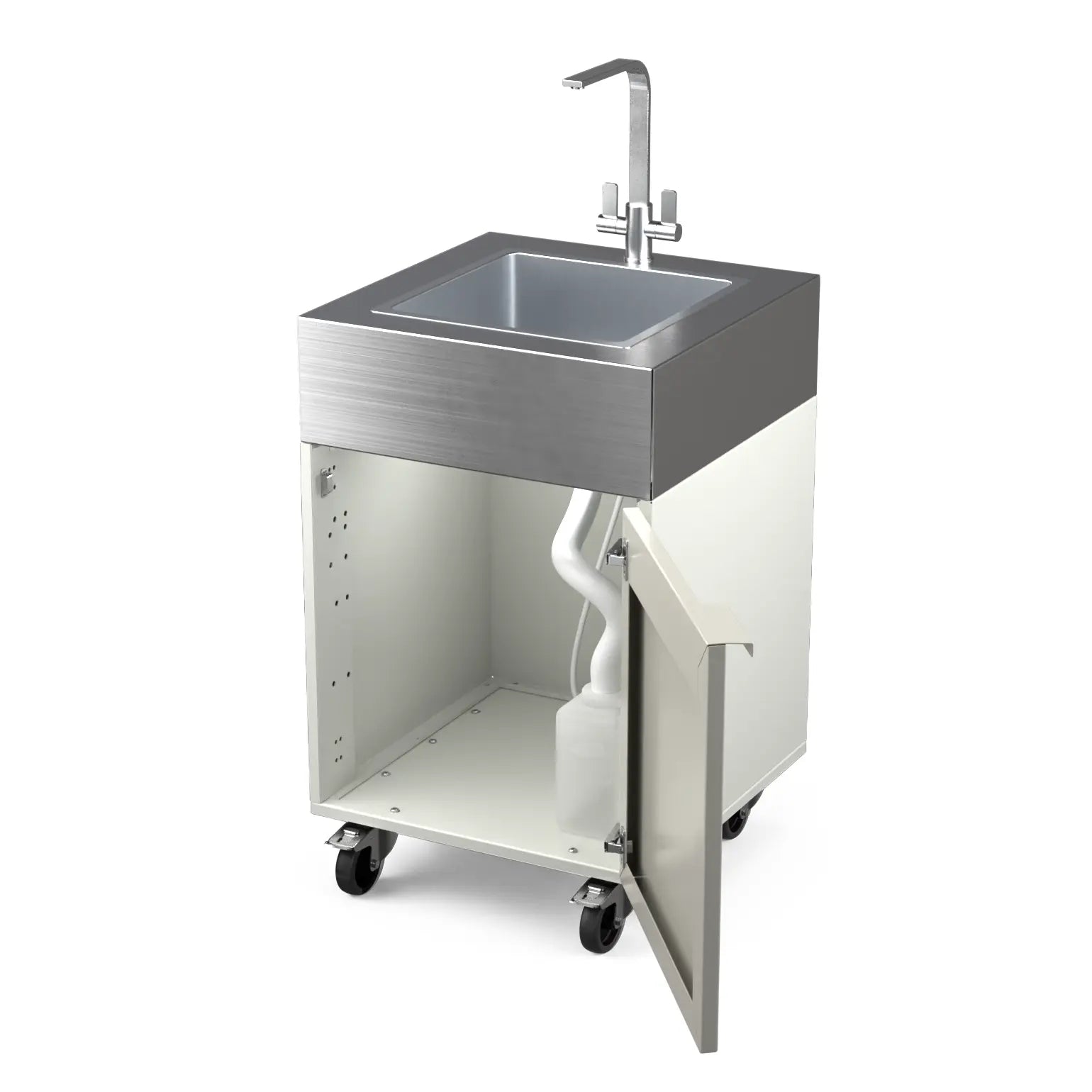 Sink Cabinet Tank in truffle brown with cabinet doors open showing storage