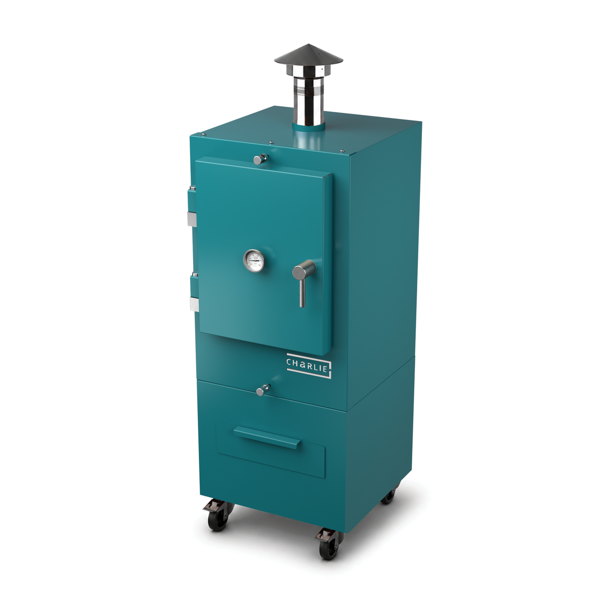Charlie Charcoal Oven in teal duck, angled view with the door closed