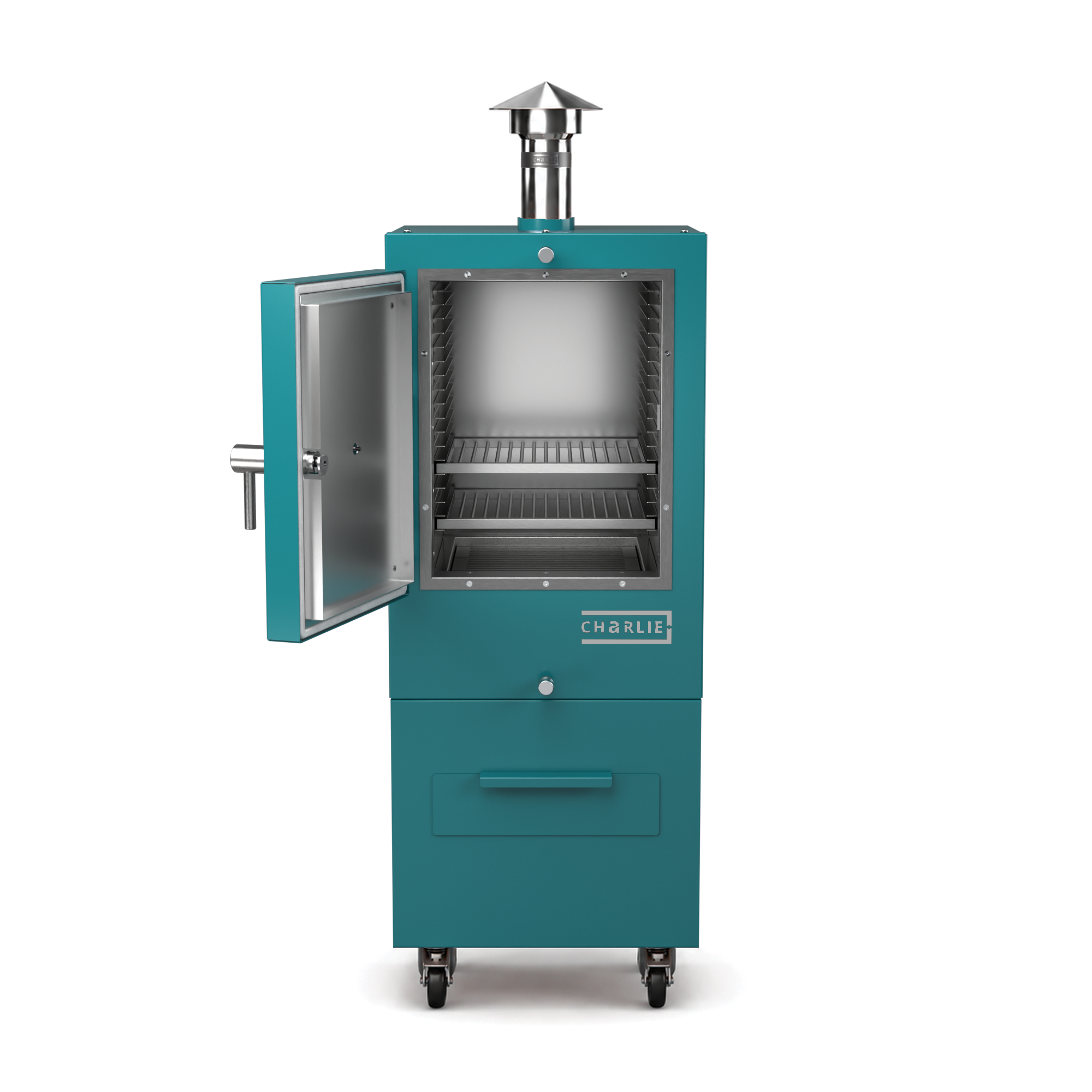 Charlie Charcoal Oven in teal duck, front view with the door open showing the cooking chamber