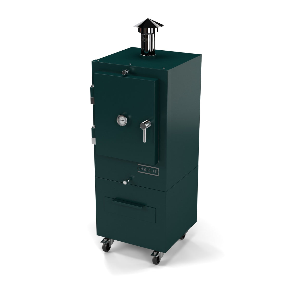 Charlie Charcoal Oven in agave, a dark green-blue, angled view with the door closed