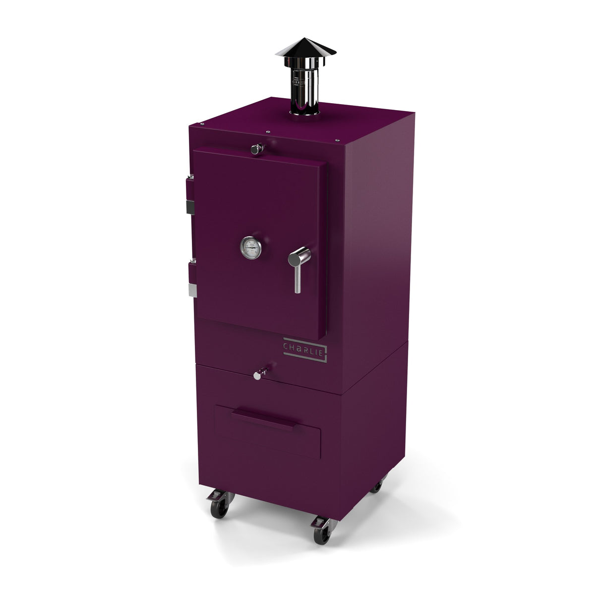 Charlie Charcoal Oven in beetroot, a deep purple, angled view with the door closed