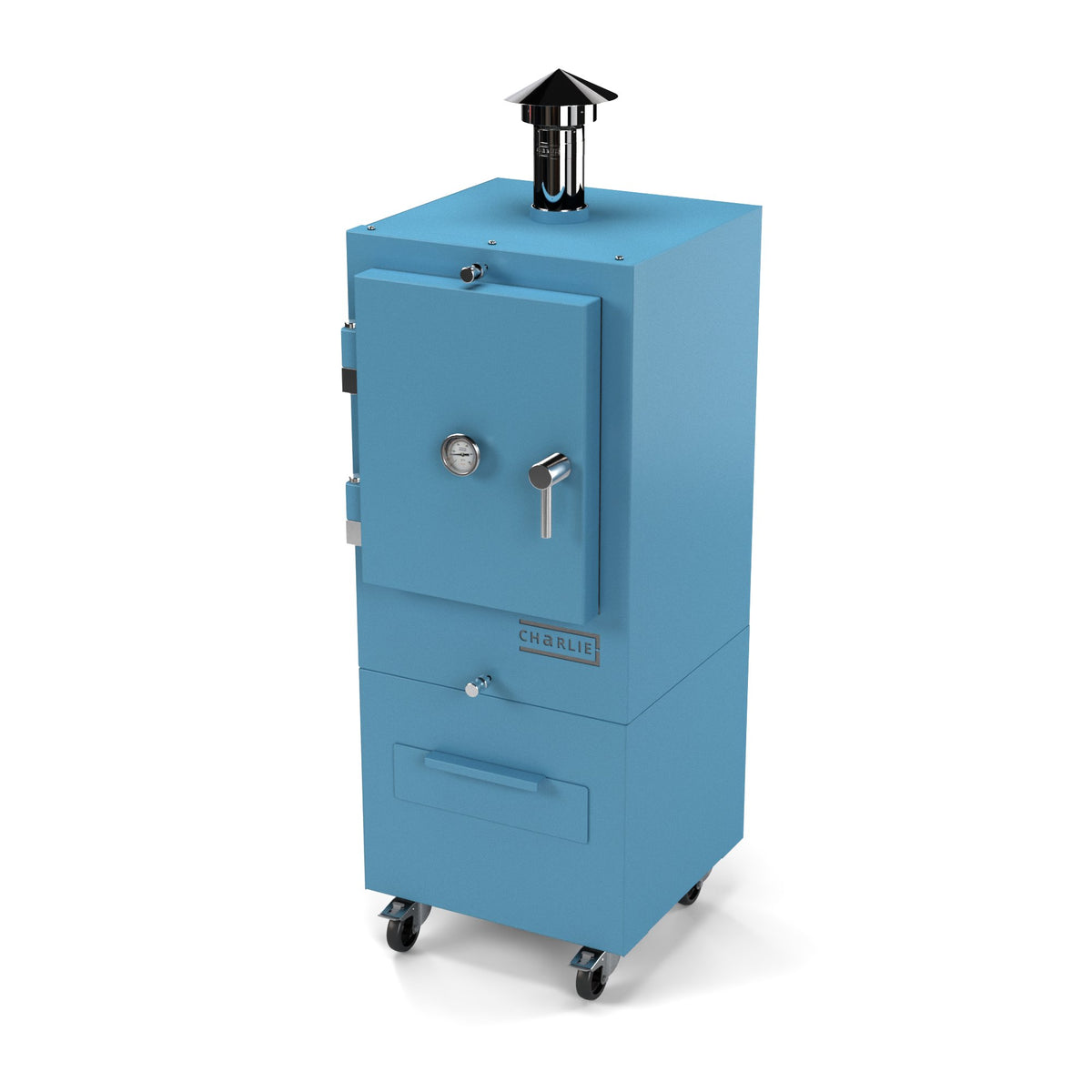 Charlie Charcoal Oven in blue marlin, a pastel blue, angled view with the door closed