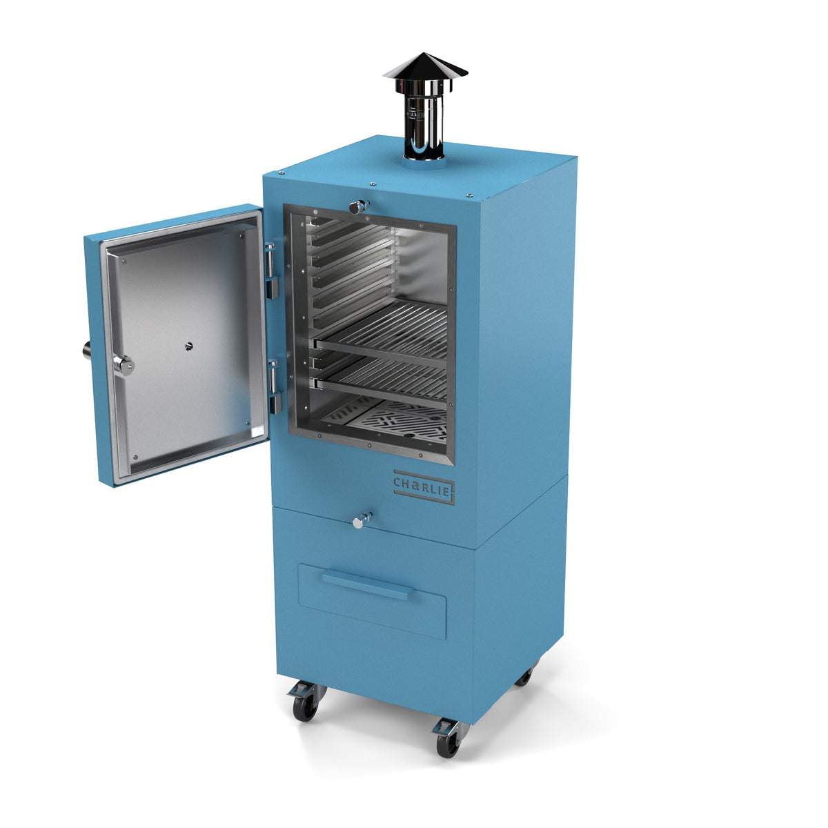 Charlie Charcoal Oven in blue marlin, a pastel blue, angled view with the door open showing the racks inside