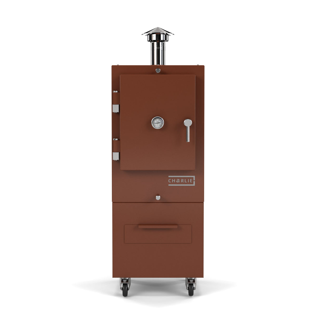 Charlie Charcoal Oven in cinnamon, a coppery orange-brown, front view with the door closed