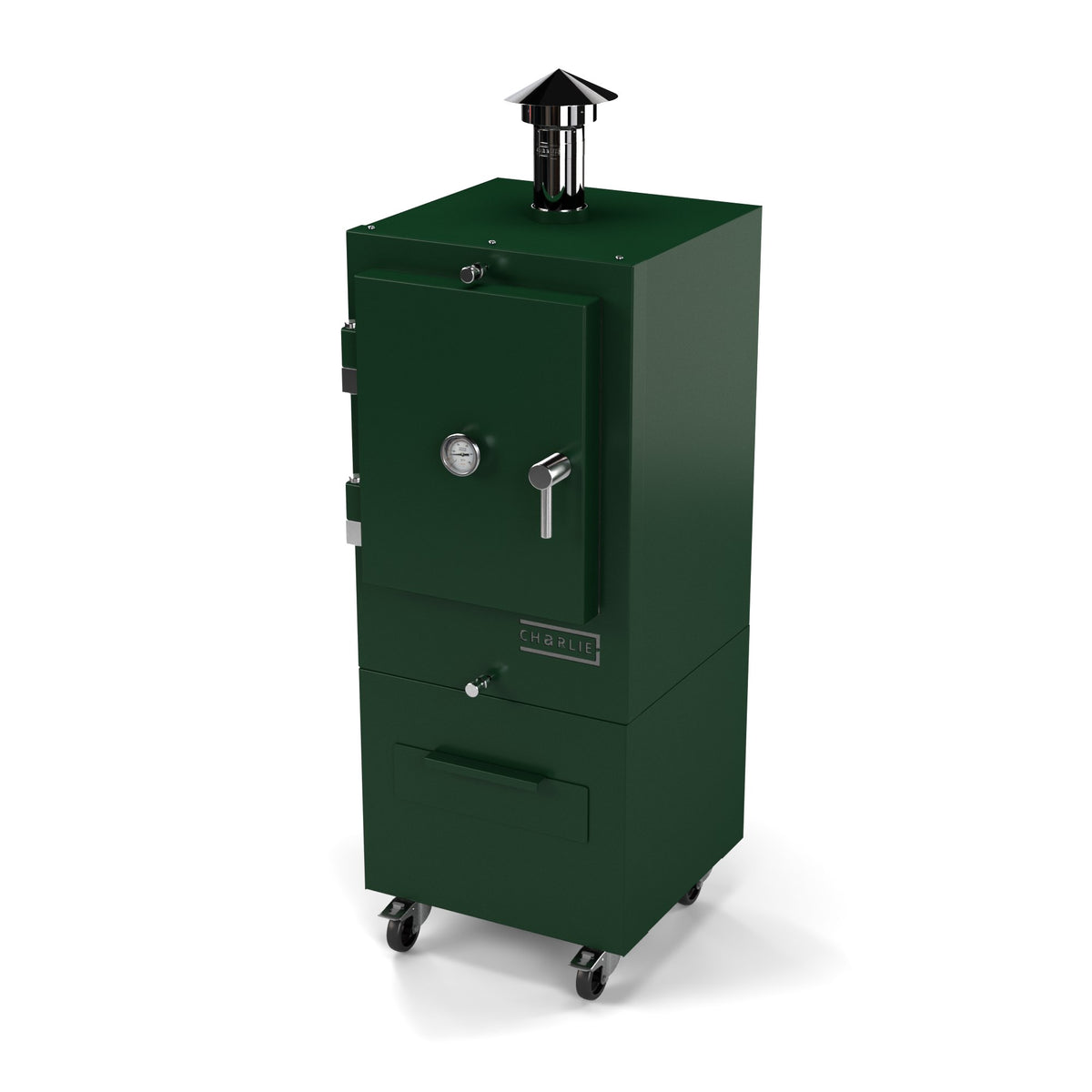 Charlie Charcoal Oven in green chilli, a deep green, angled view with the door closed