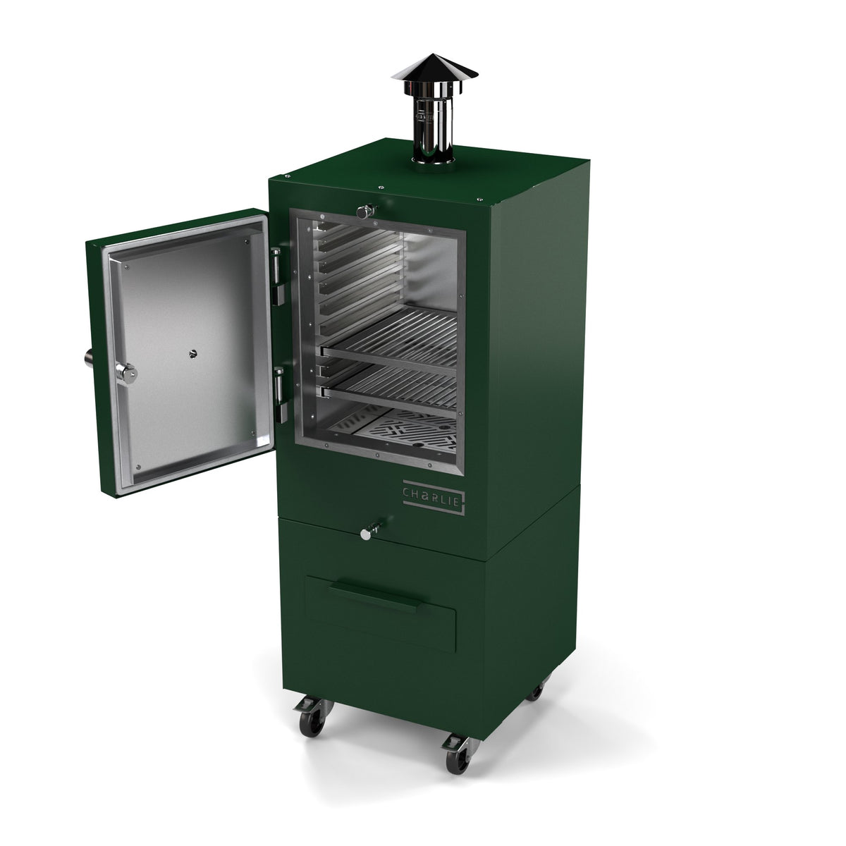 Charlie Charcoal Oven in green chilli, a deep green, angled view with the door open showing the racks inside