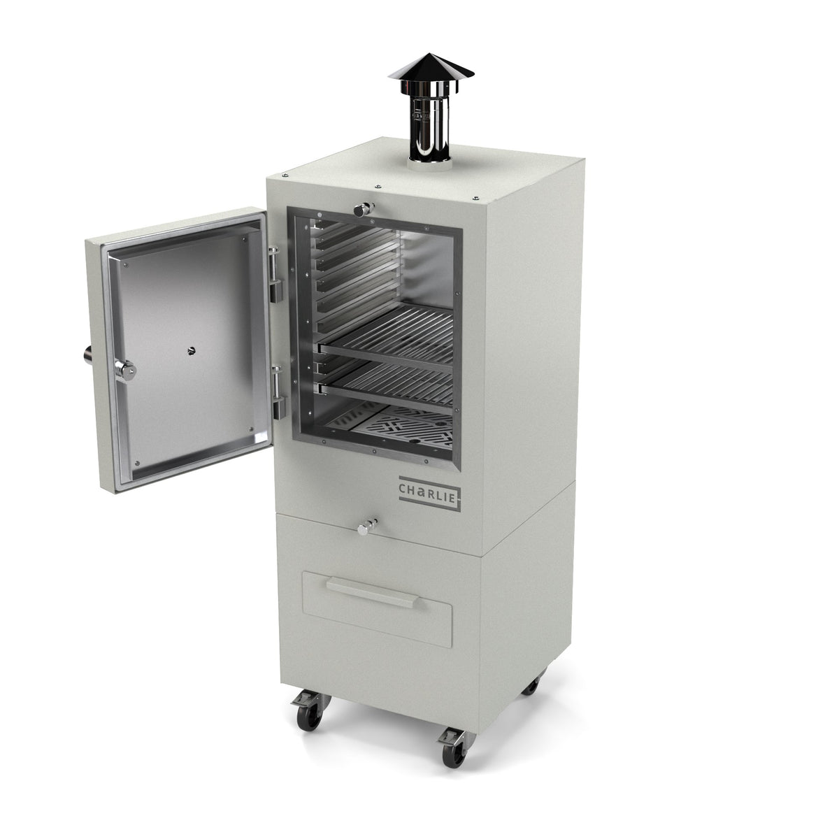 Charlie Charcoal Oven in truffle, a pale grey, angled view with the door open showing the racks inside