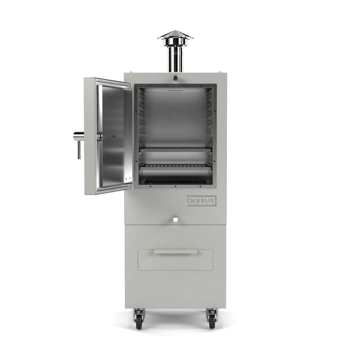 Charlie Charcoal Oven in truffle, a pale grey, front view with the door open showing the cooking chamber