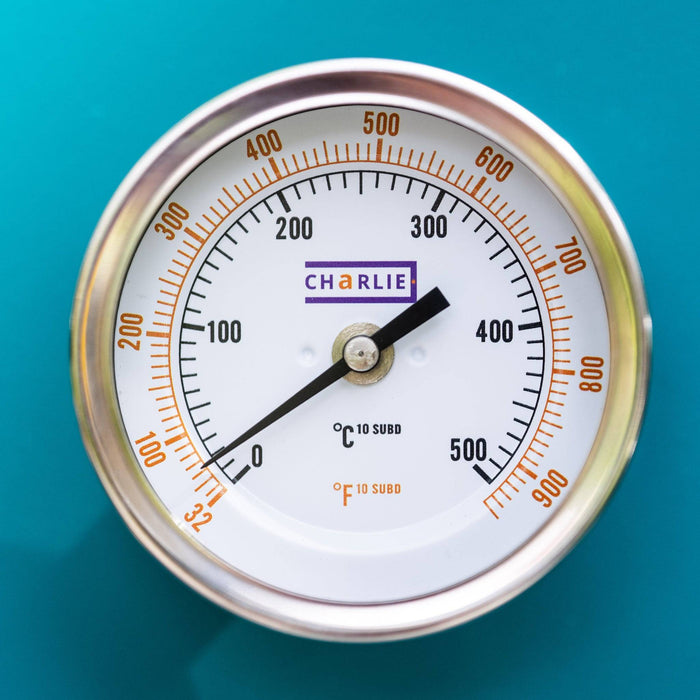 Replacement temperature gauge thermometer for the Charlie charcoal oven, close-up of the dial