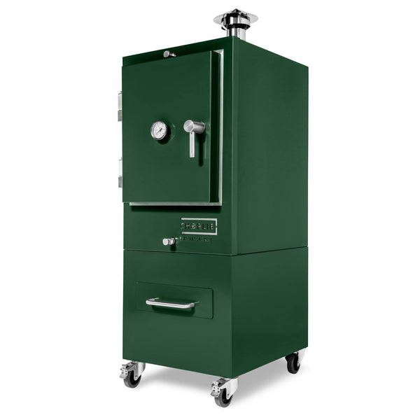 Professional Charlie charcoal oven in Green Chilli, a deep green, three-quarter view