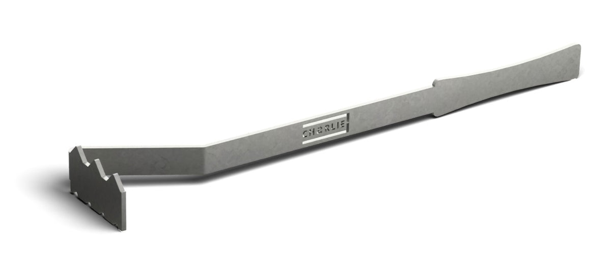 Charlie Oven charcoal rake and scraper tool in 304 stainless steel, with its notched scraping head and long branded handle