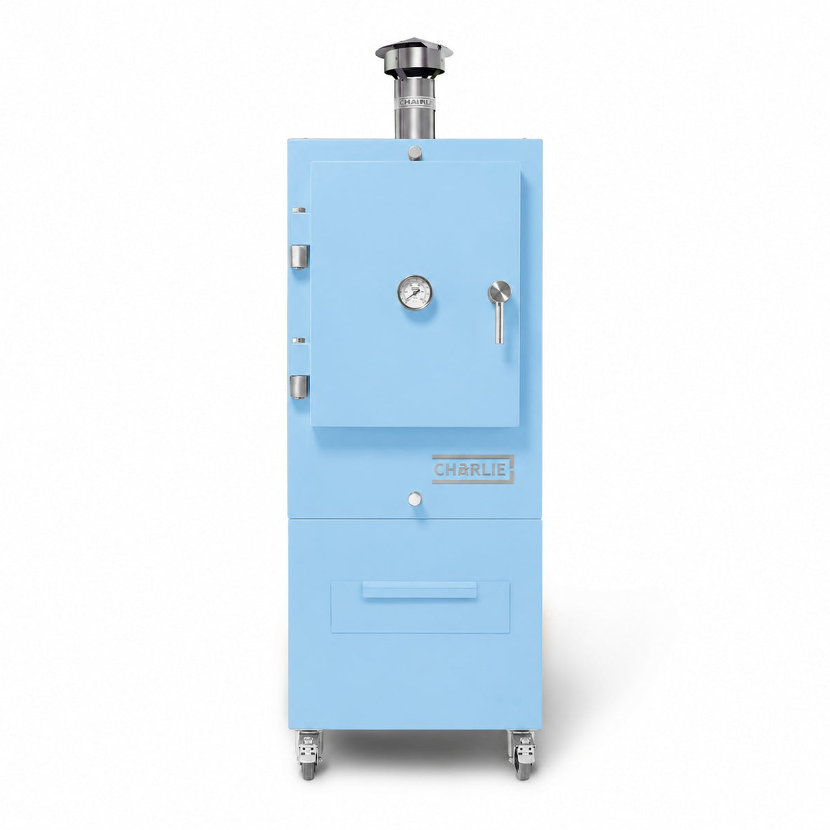 Professional Charlie Charcoal Oven in Blue Marlin, front view, door closed
