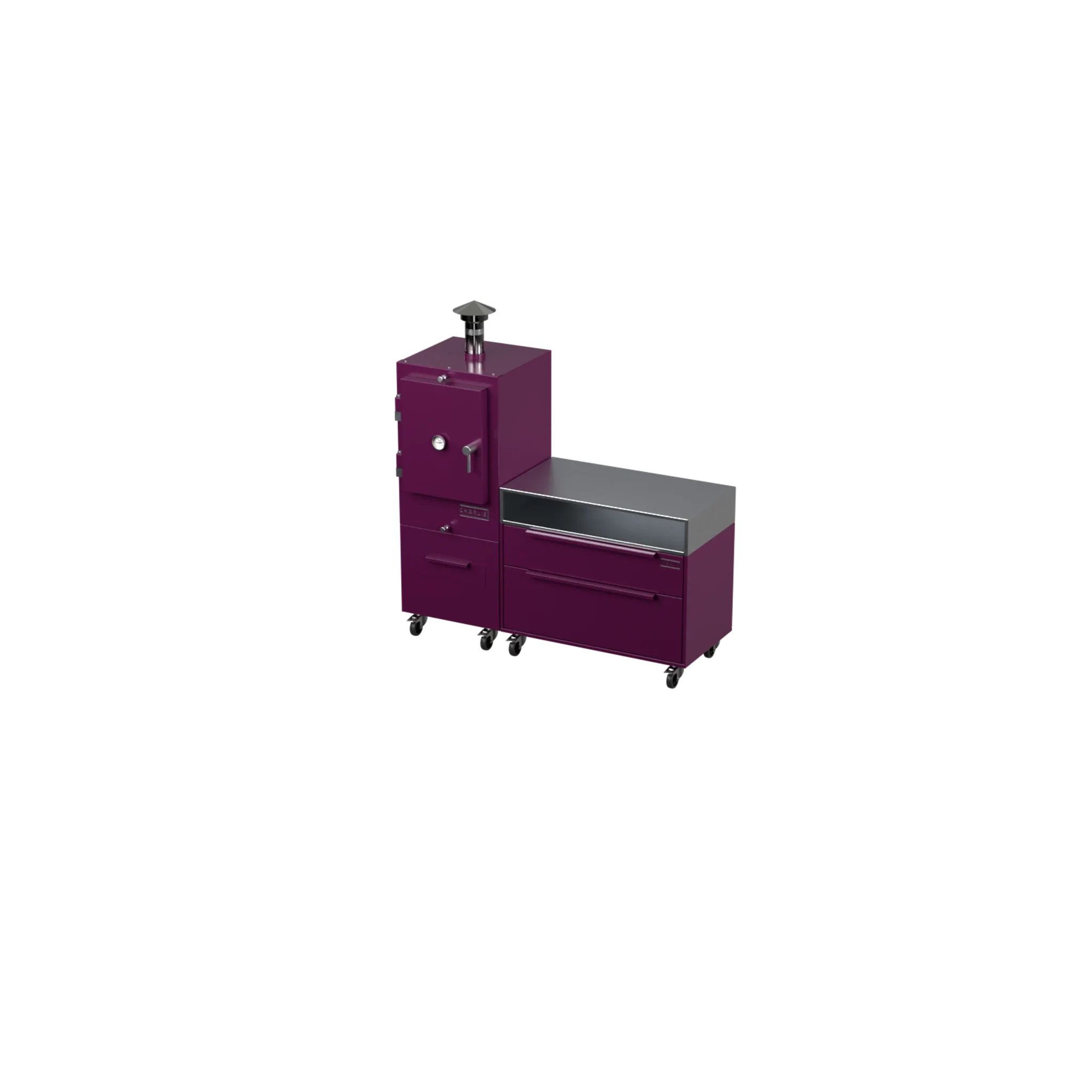Straight Kitchen S1 outdoor kitchen in beetroot red, angled three-quarter view