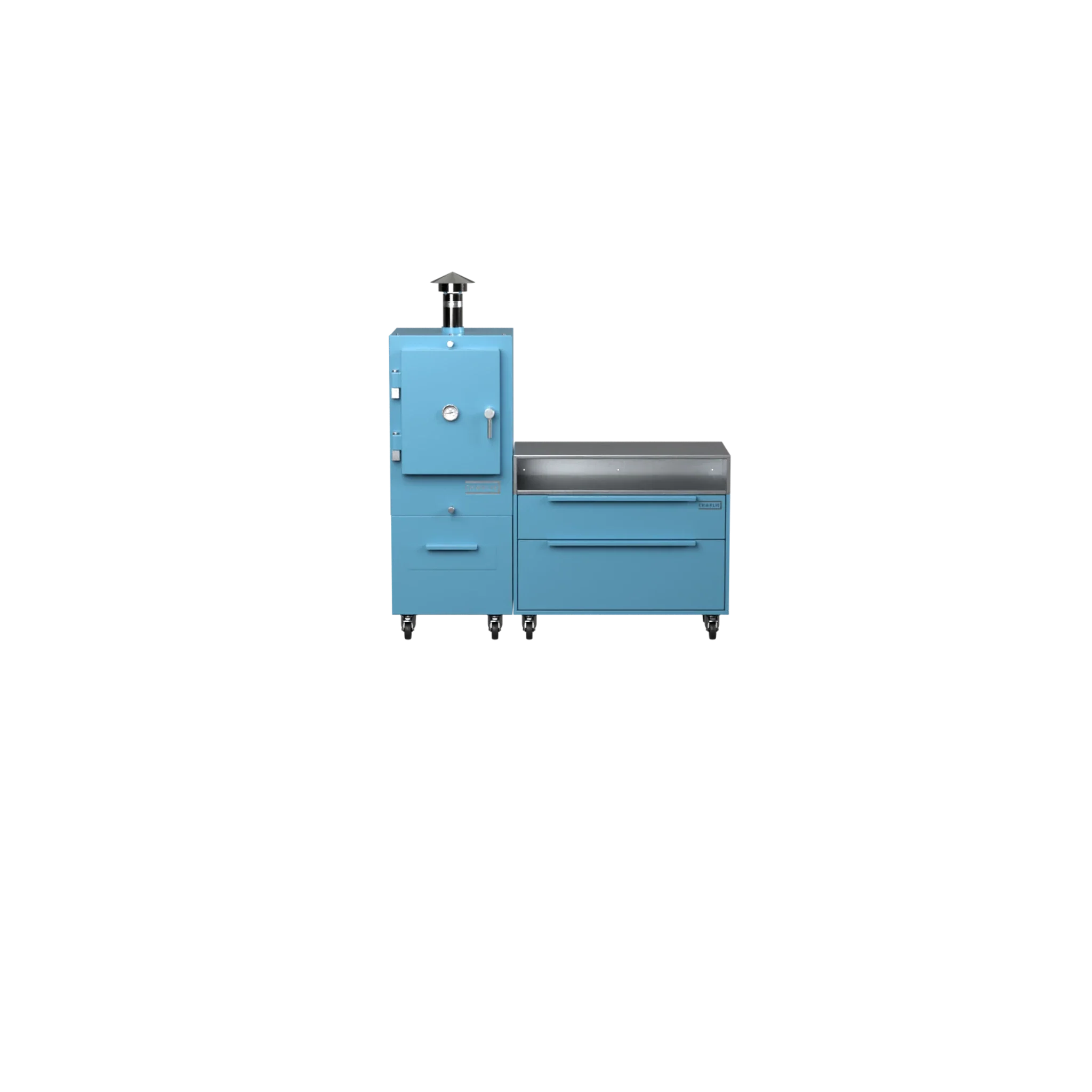 Straight Kitchen S1 in blue marlin, straight-on front view of the outdoor kitchen