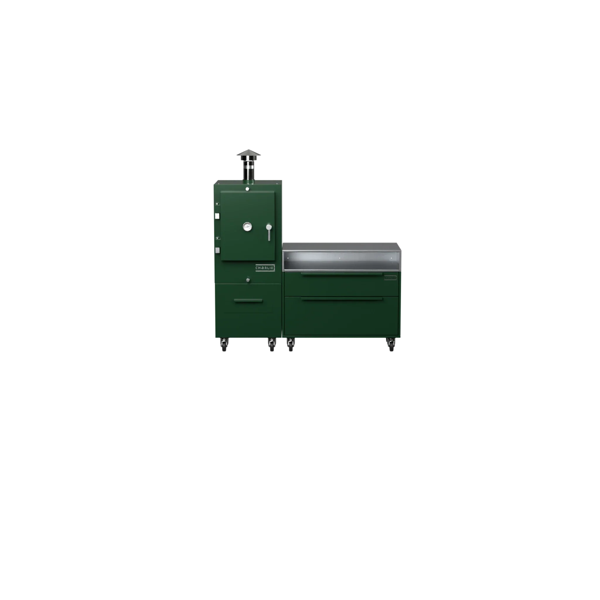 Straight Kitchen S1 in green chilli, straight-on front view of the outdoor kitchen
