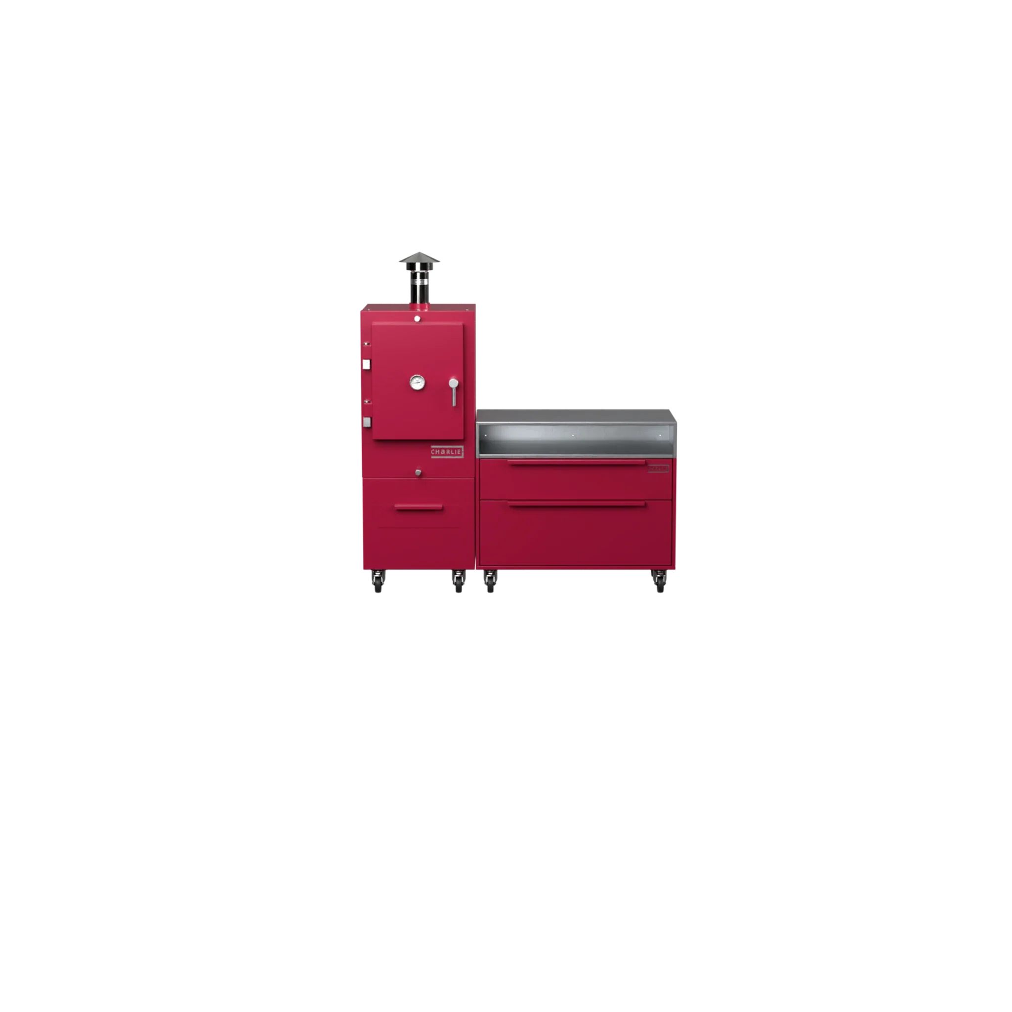 Straight Kitchen S1 in rhubarb pink, straight-on front view of the outdoor kitchen