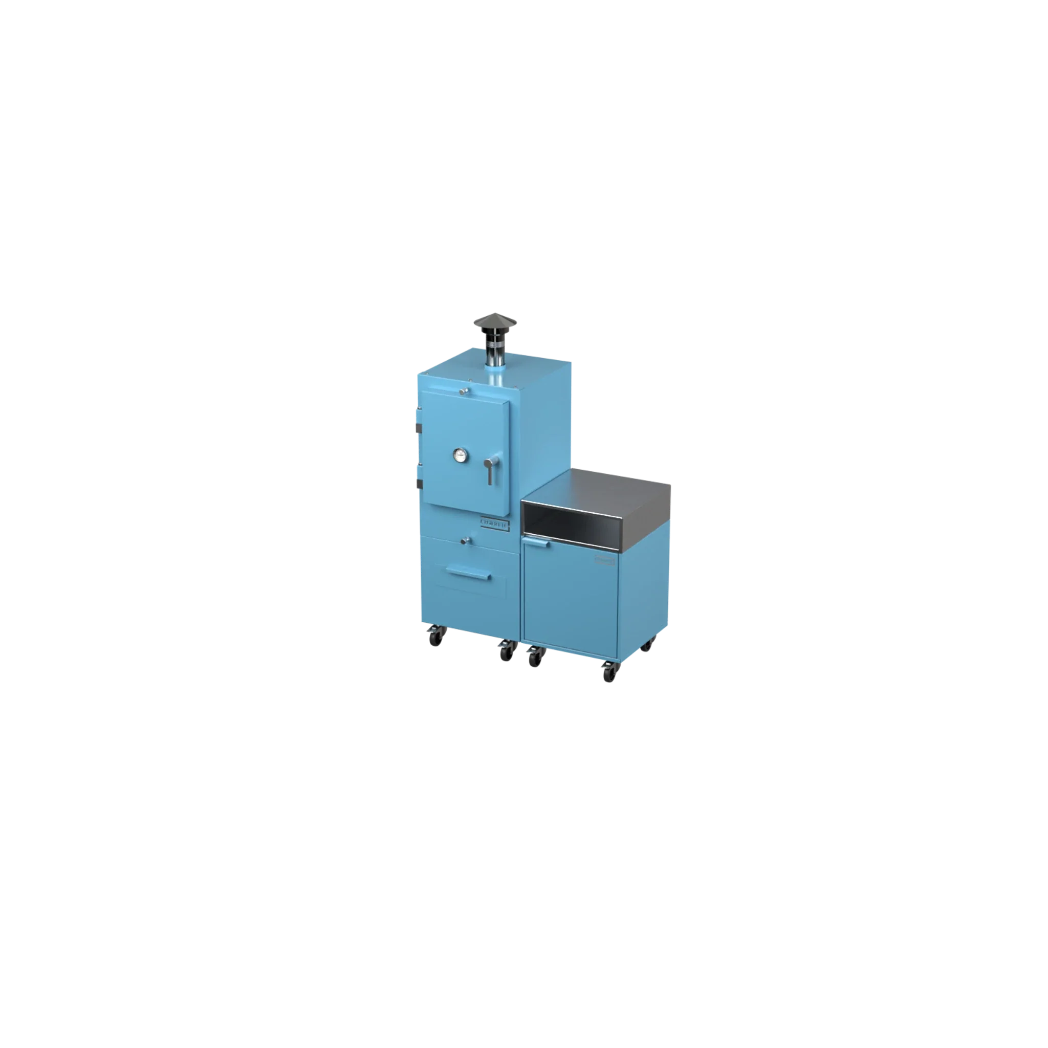 Straight Kitchen S2 outdoor kitchen in blue marlin, angled three-quarter view