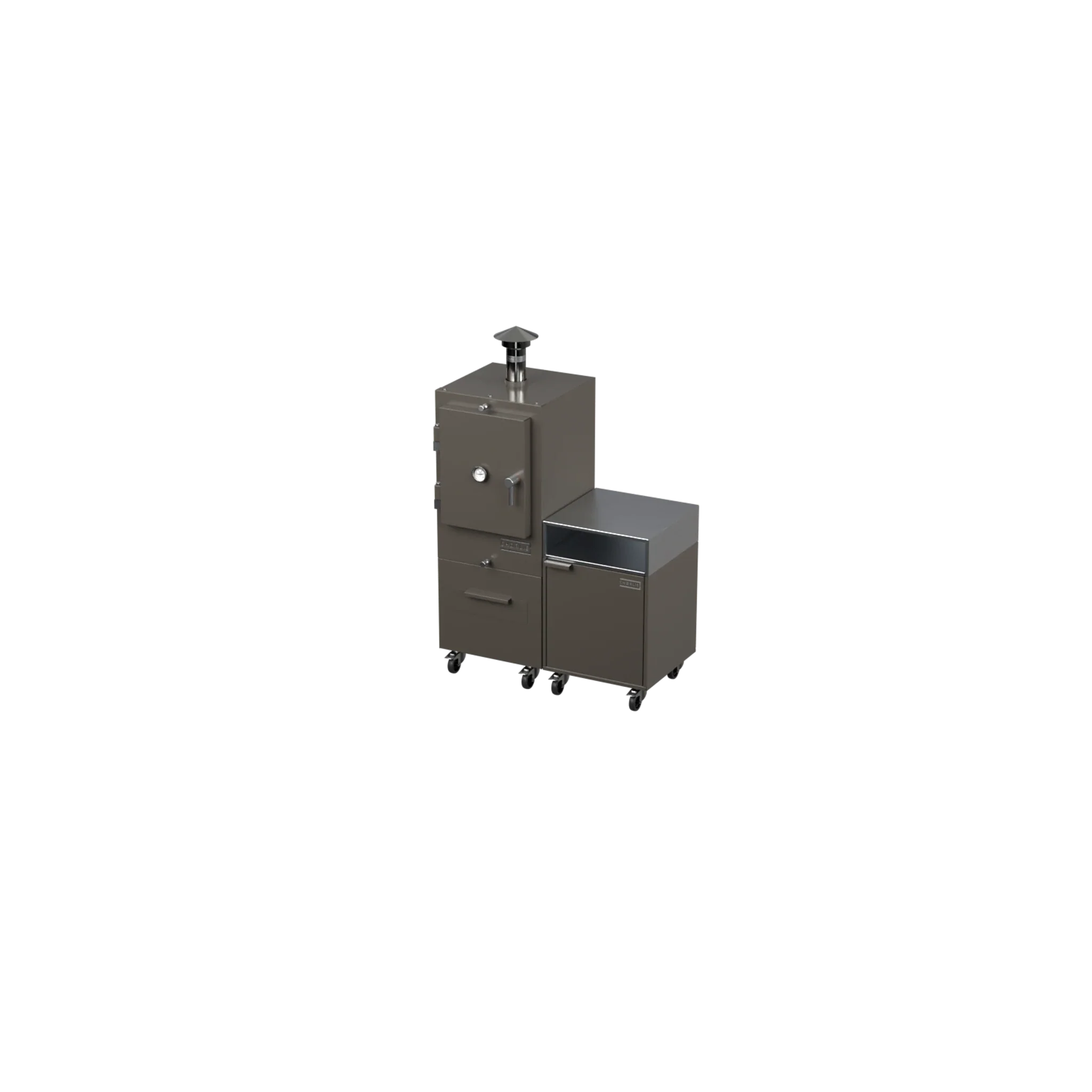Straight Kitchen S2 outdoor kitchen in porcini beige, angled three-quarter view