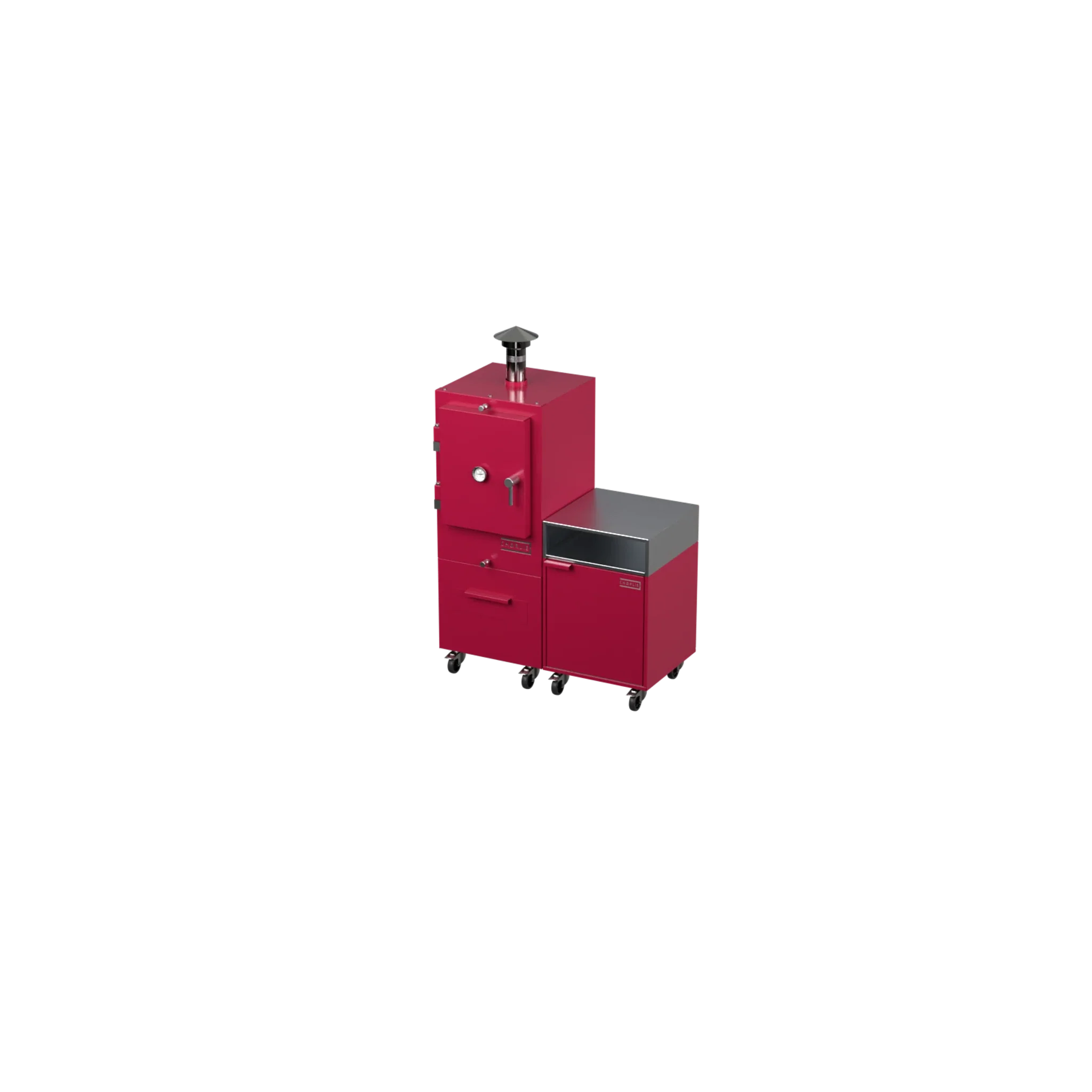 Straight Kitchen S2 outdoor kitchen in rhubarb pink, angled three-quarter view