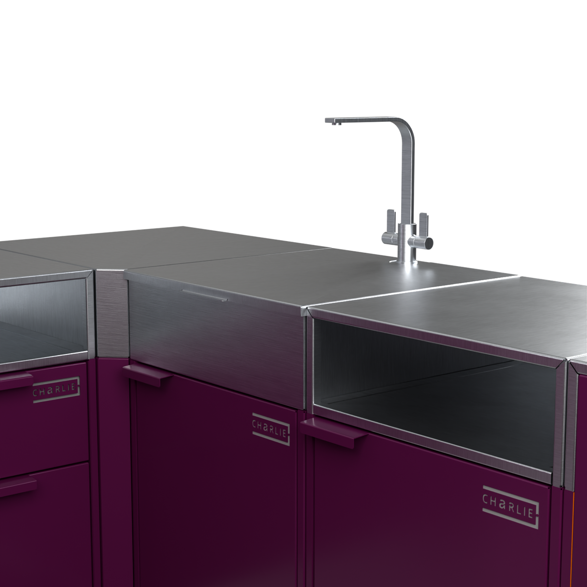 Stainless steel sink worktop cover on a Charlie outdoor kitchen sink cabinet