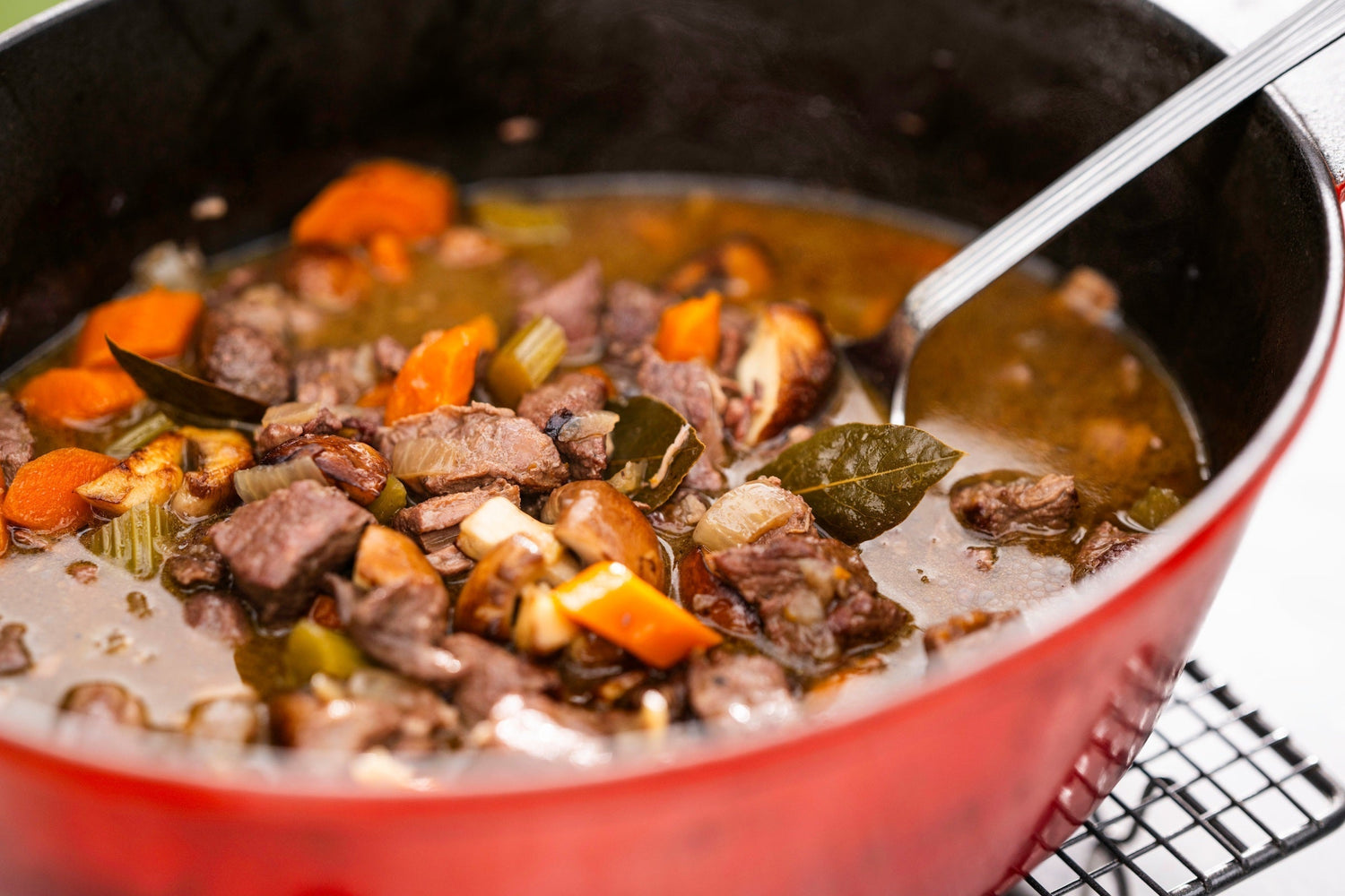 beef Bourguignon cooked over fire in the charlie oven