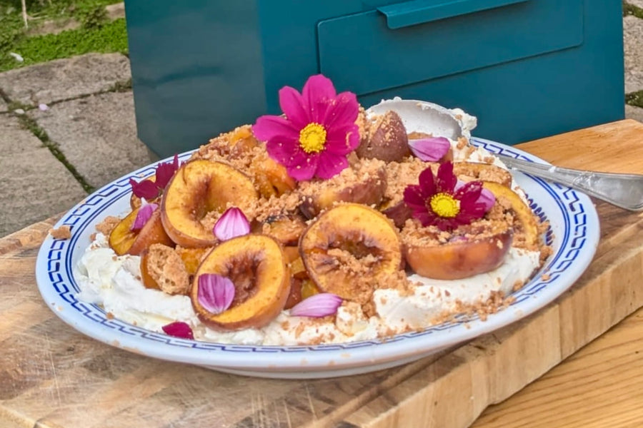 roasted peaches with rum on a bed of whipped mascarpone