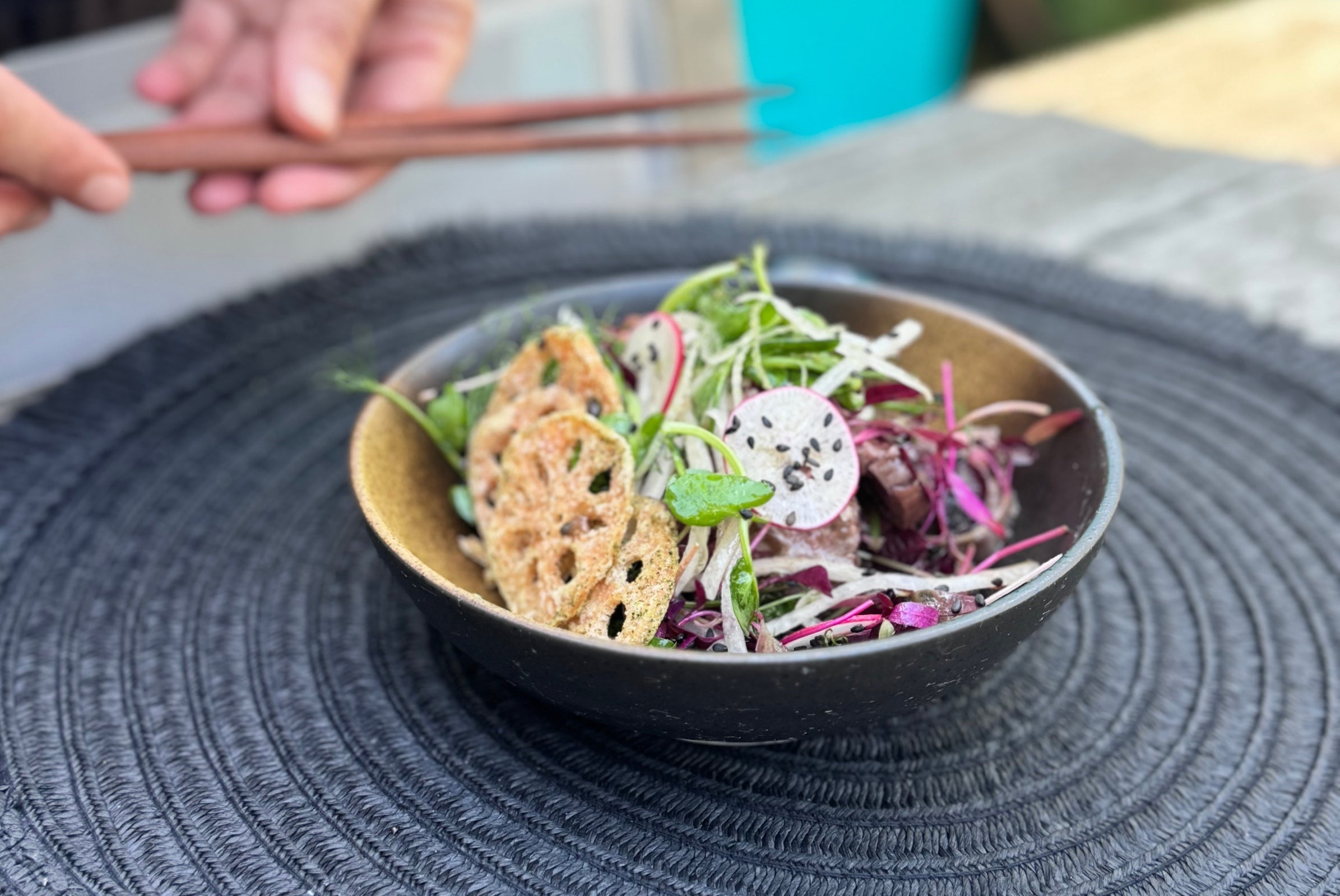 Tataki with Asian Salad, Ponzu Lotus Crisps in the charlie oven