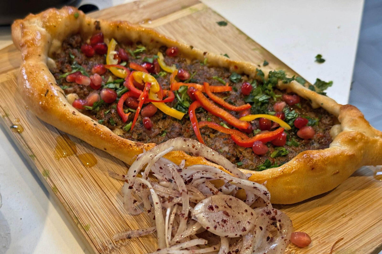 Turkish pide bread with spicy lamb