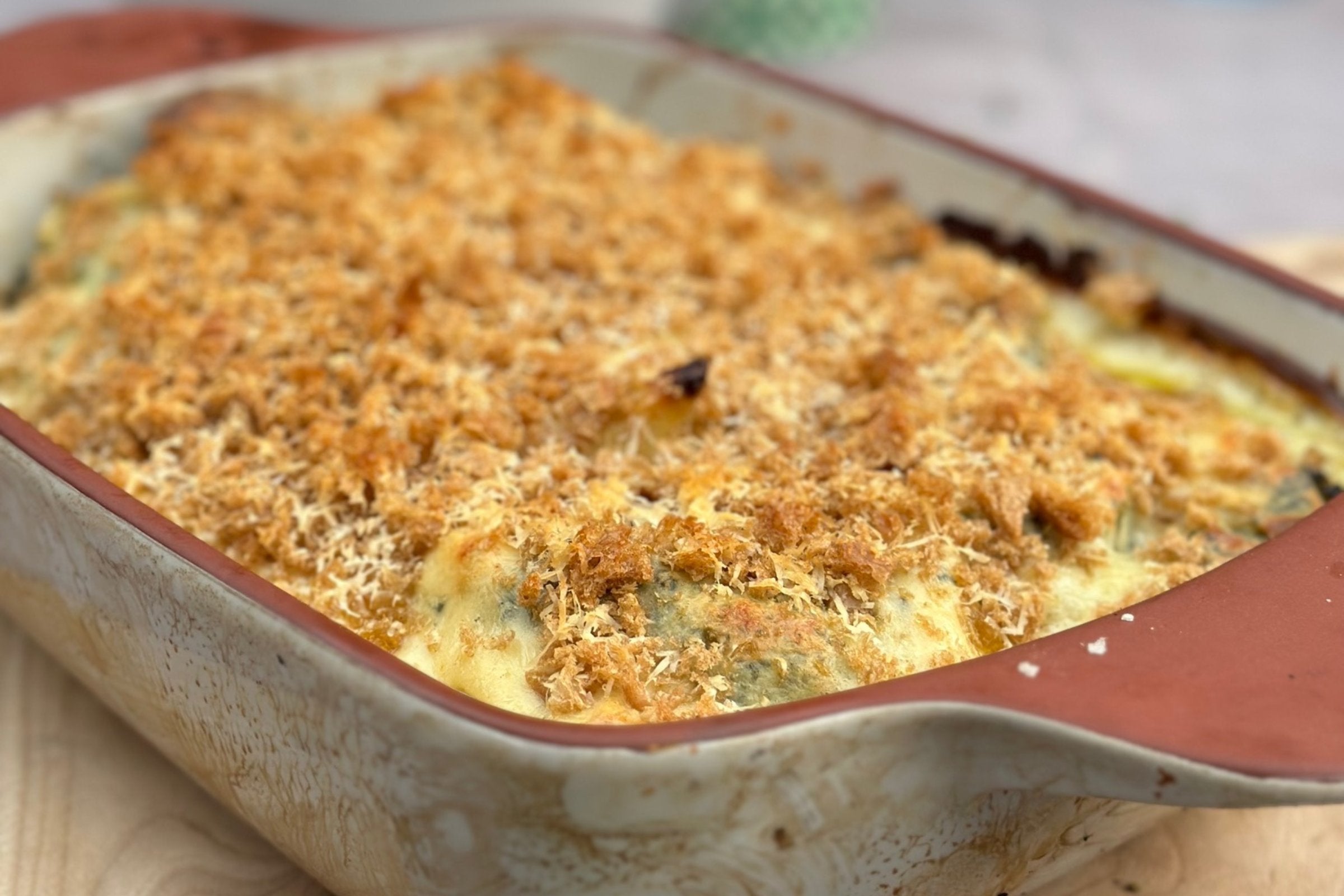 charred broccoli and leek cheese gratin