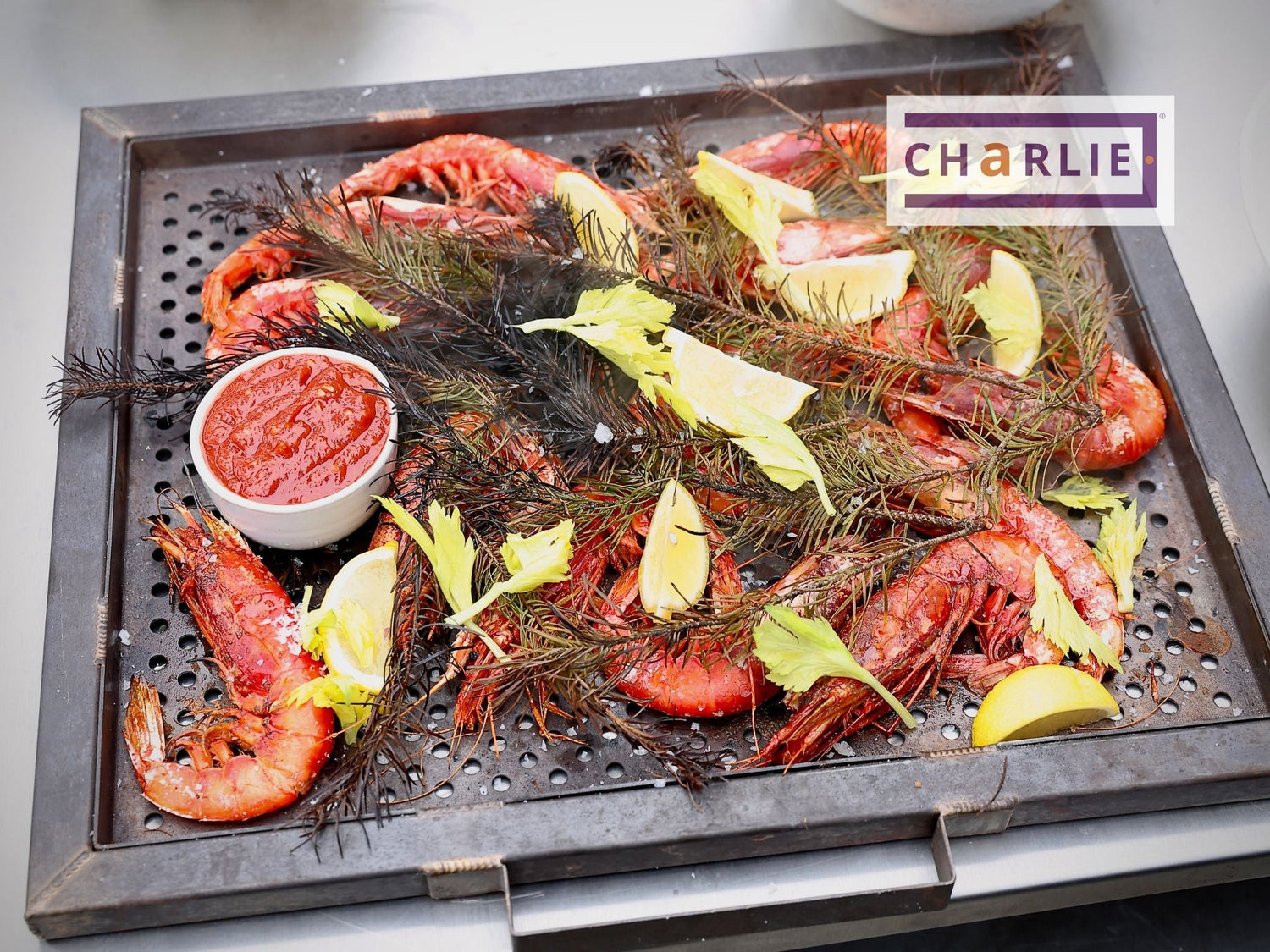 BBQ Grilled Carabineros Prawns with Bloody Mary Saucegrilled in the charlie oven.  