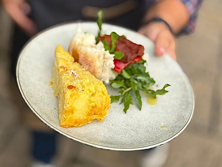 Bread roll with grilled chorizo, rocket and Spanish tortilla at the Charlie Oven retreat at Tresillian House