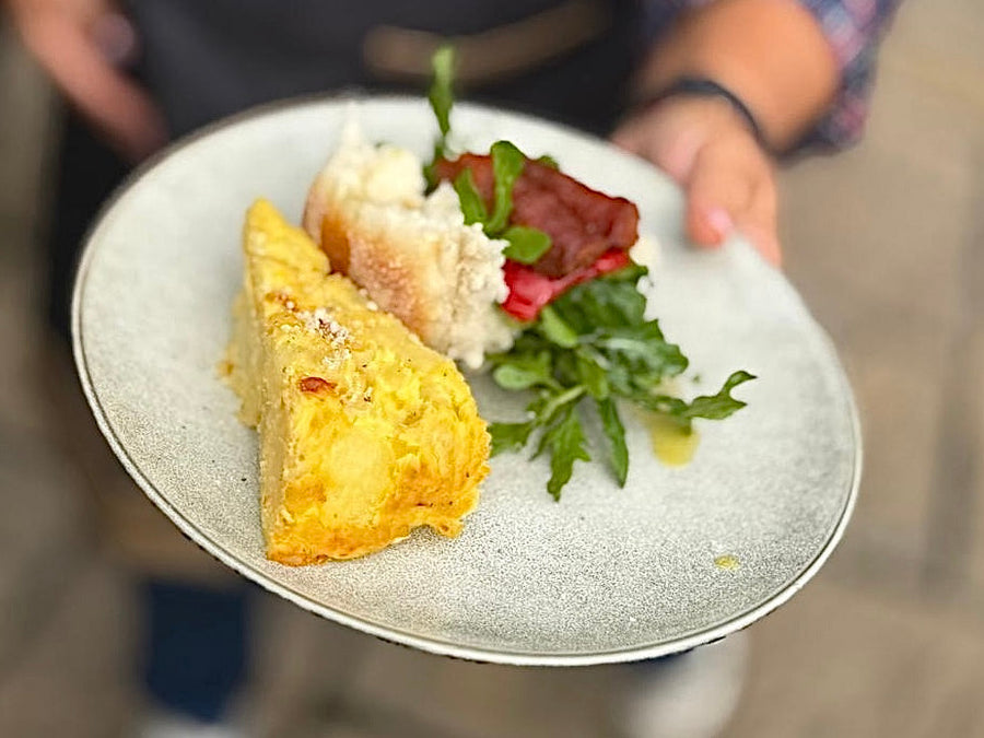 Bread roll with grilled chorizo, rocket and Spanish tortilla at the Charlie Oven retreat at Tresillian House