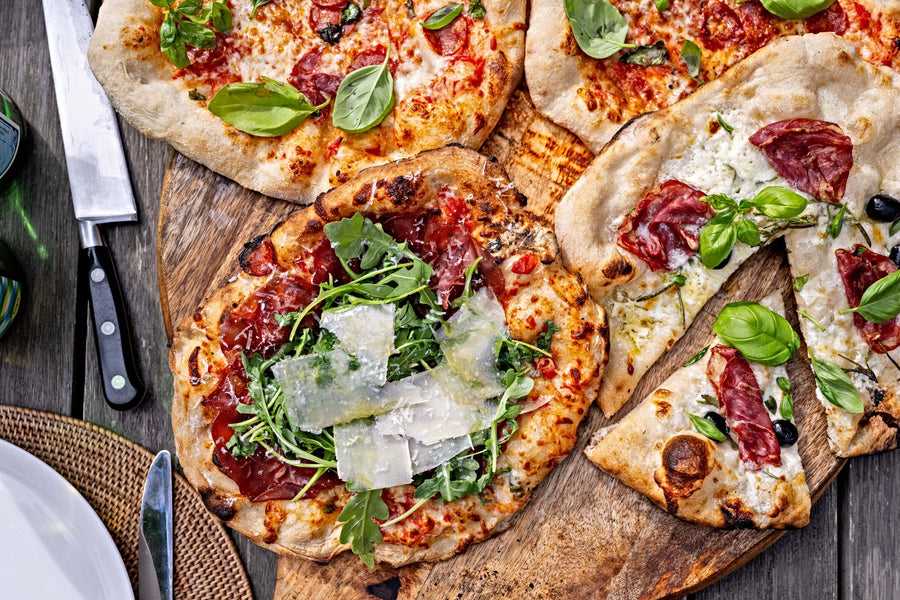 Pizzas from the charlie oven.  Bake several pizzas at once.