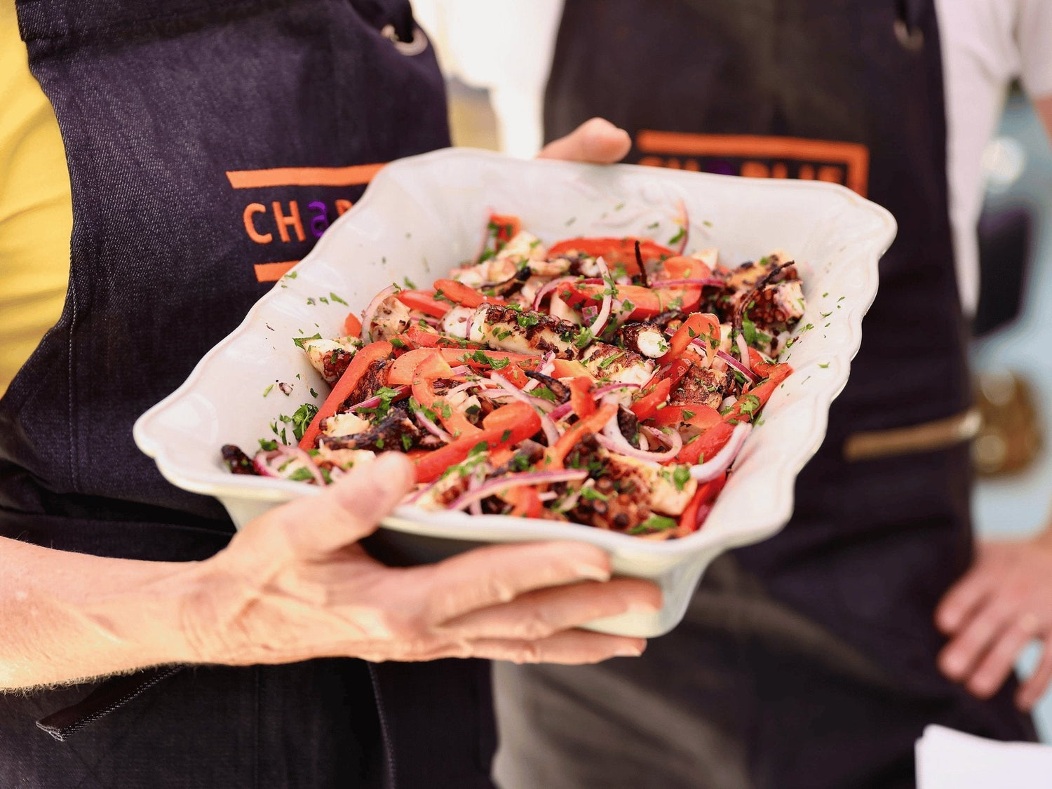 Grilled Octopus Salad with Fresh Pepper And Onions by Chef Bart Van Der Lee. - Charlie Oven