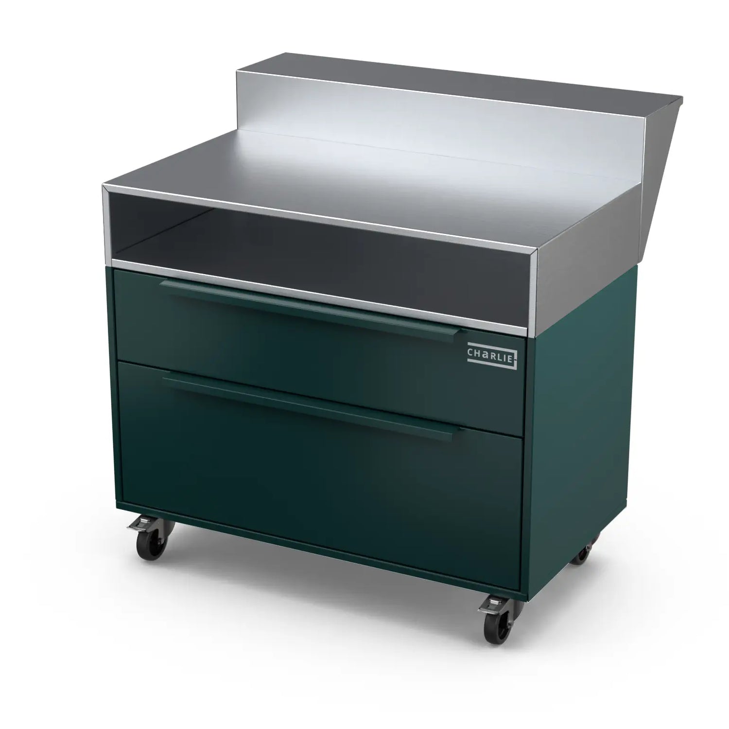 Angled shot of the Two Drawer Base Cabinet with bar stand in agave green