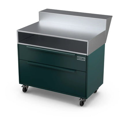 Angled shot of the Two Drawer Base Cabinet with bar stand in agave green