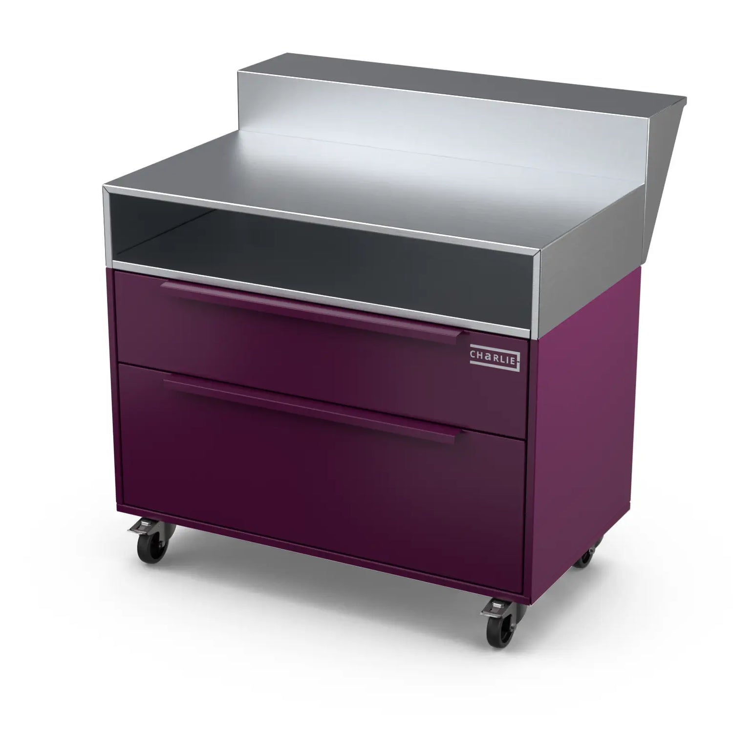 Two Drawer Base Cabinet and bar stand in beetroot red, shown at an angle