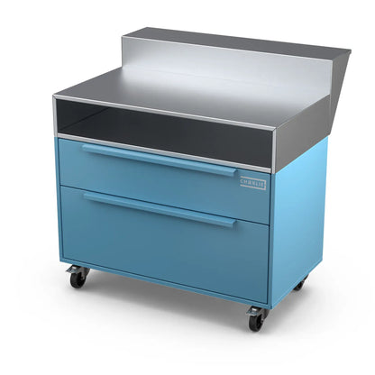 Two Drawer Base Cabinet and bar stand in blue marlin blue, shown at an angle